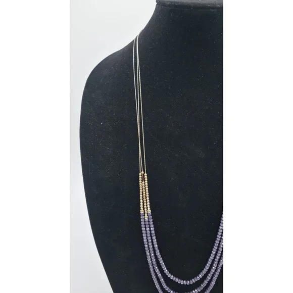 Layered Purple & Gold Beaded Statement Necklace With Elegant Tassel Design - Picture 3 of 5